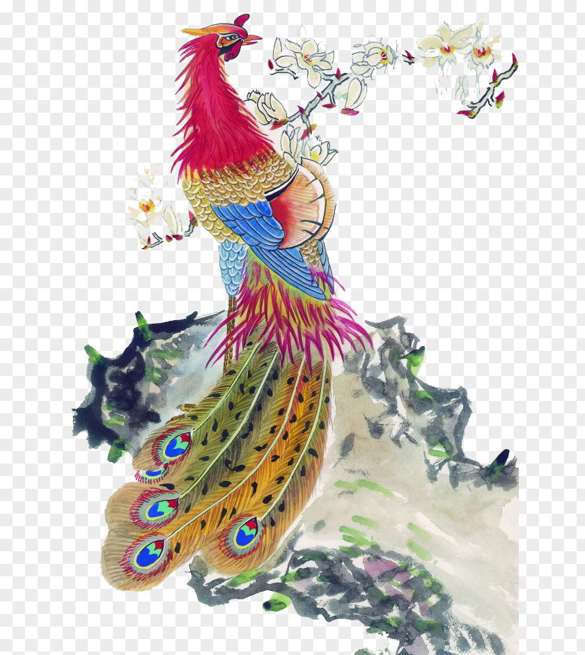 China Fenghuang Phoenix Painting Chinese Art PNG art, Wind Peacock, red and multicolored peafowl perched on white petaled flower painting clipart PNG