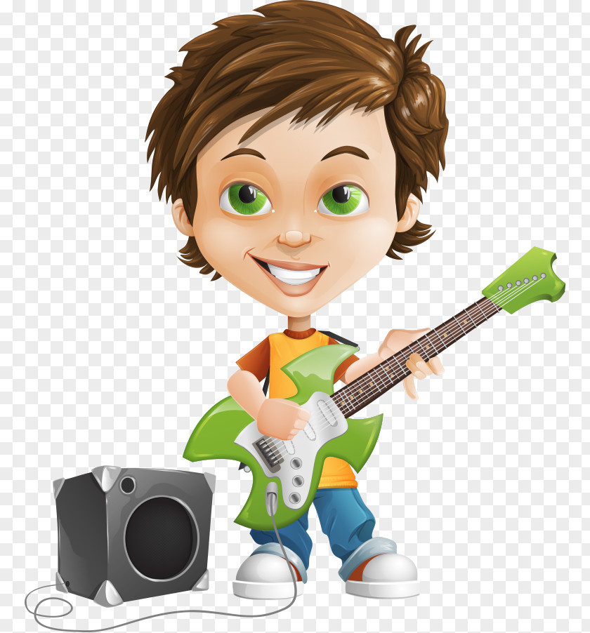Q Version Of The Cartoon Children Bullet Guitar Boy Character Clip Art PNG