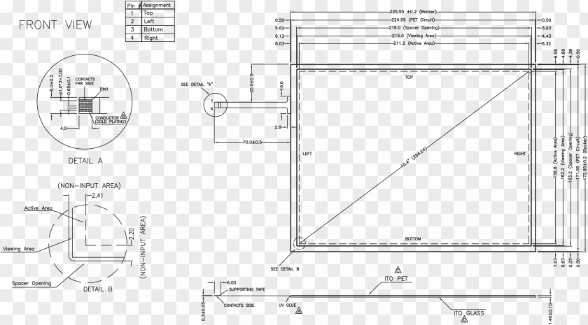 Glass Display Panels Aspect Ratio Resistive Touchscreen Inch Technical Drawing PNG