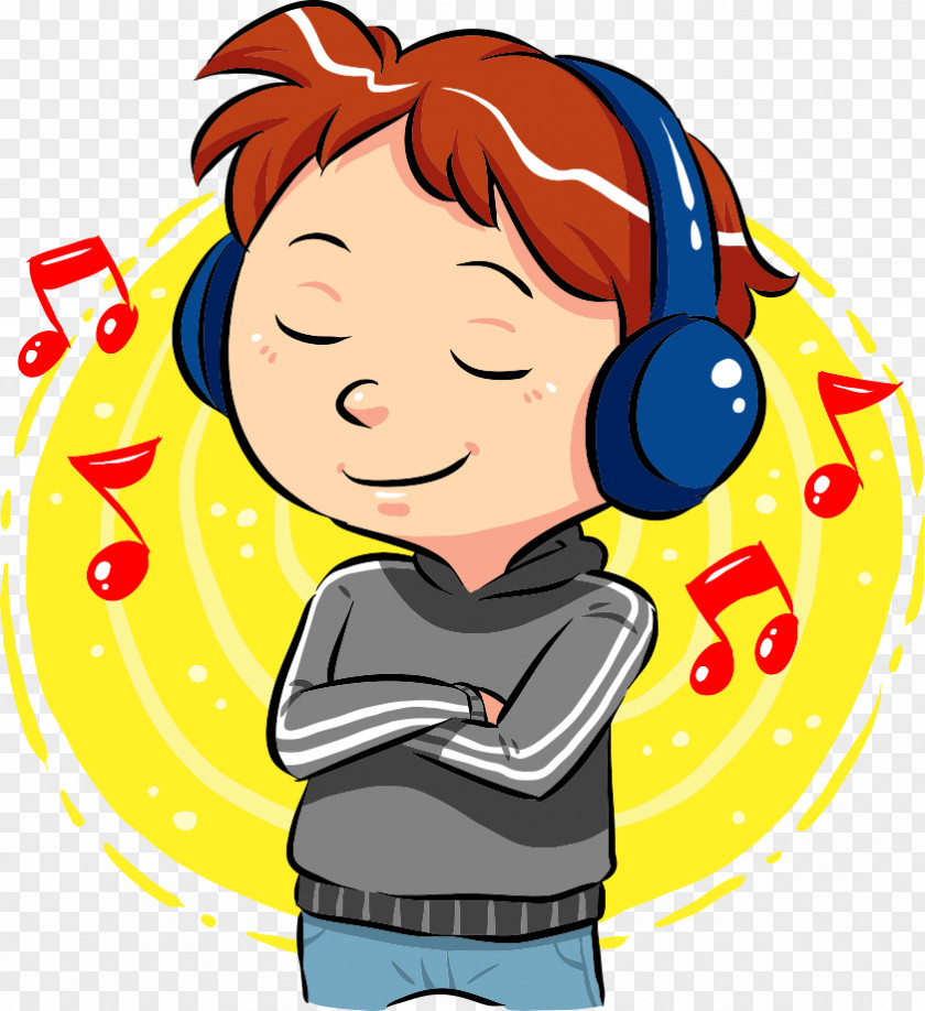 Music Listening PNG , boy listening to music, brown-haired male animated character wearing blue headset illustration clipart PNG