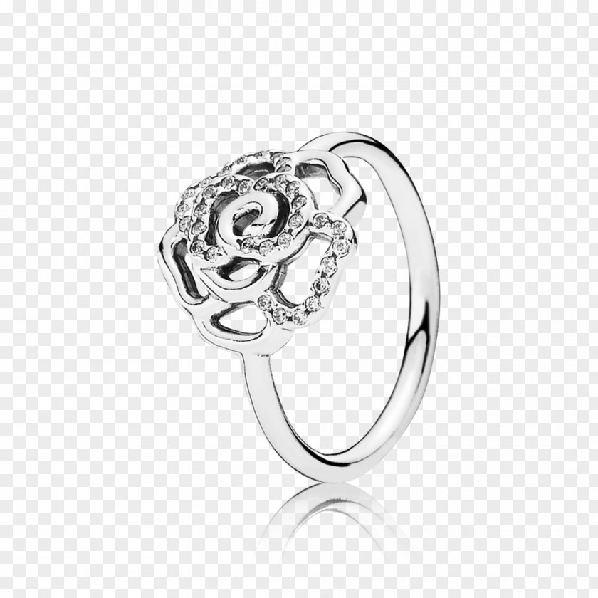 Pandora Flower Ring Purl Silver CZ Shimmering Delicate Rose Cubic Zirconia Jewellery PNG
