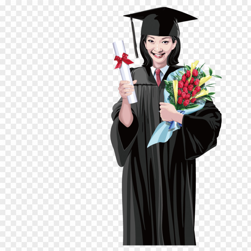 Students Holding Flowers Wearing A Bachelor Of Service Graduation Ceremony Academic Dress Illustration PNG