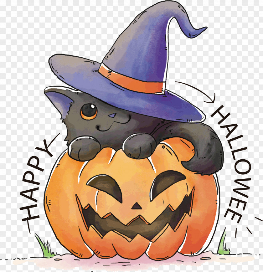 Lovely Hand-painted Pumpkin Black Cat Kitten T-shirt Halloween PNG