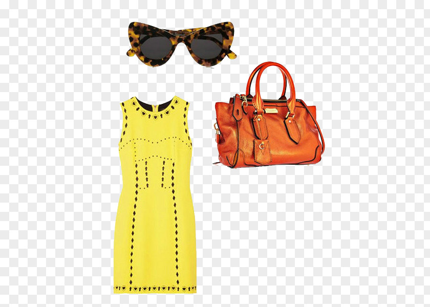 Bright Yellow Summer Dress With FIG. Fashion Clothing Autumn Handbag PNG