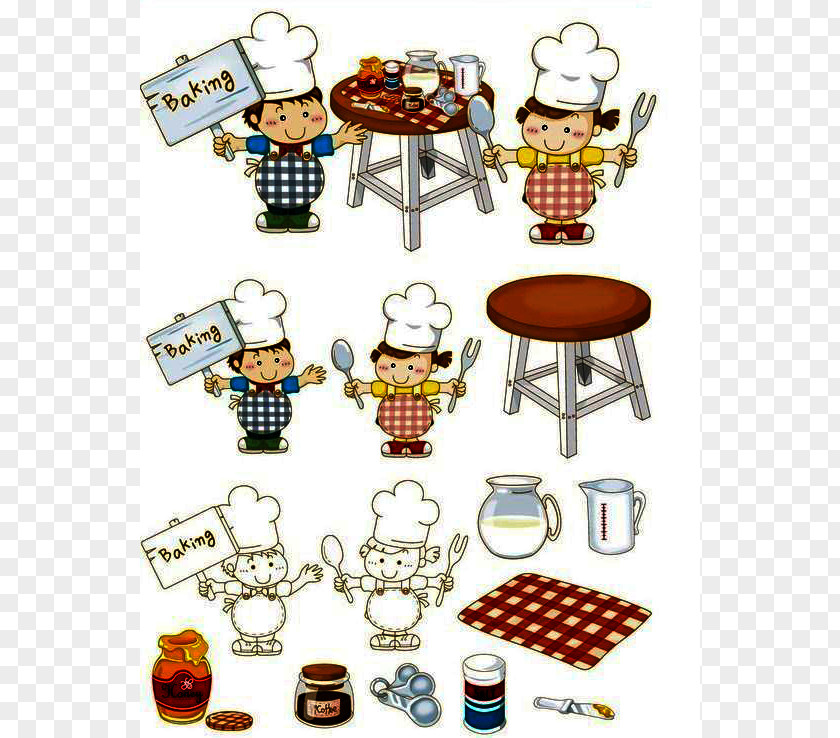 Little Chef And Kitchen Utensils Buckle Material Constituting Free Cartoon Cook Illustration PNG