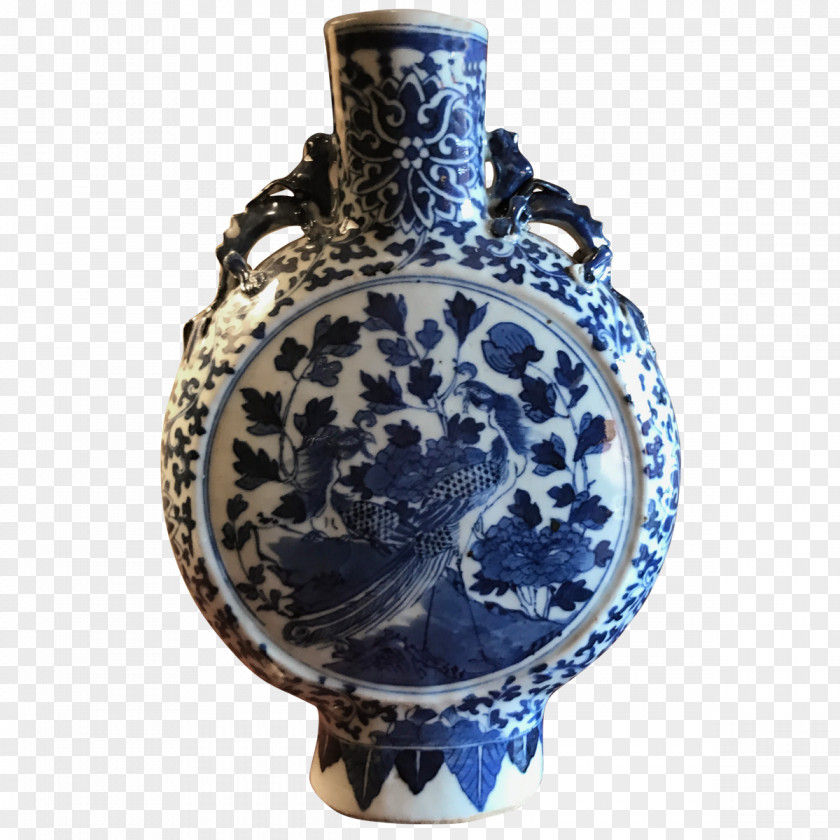 Chinoiserie Cobalt Blue And White Pottery Vase Artifact PNG