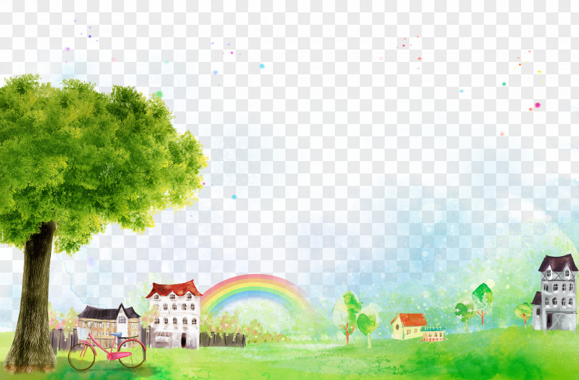 Hand-painted Town Tree Lawn PNG