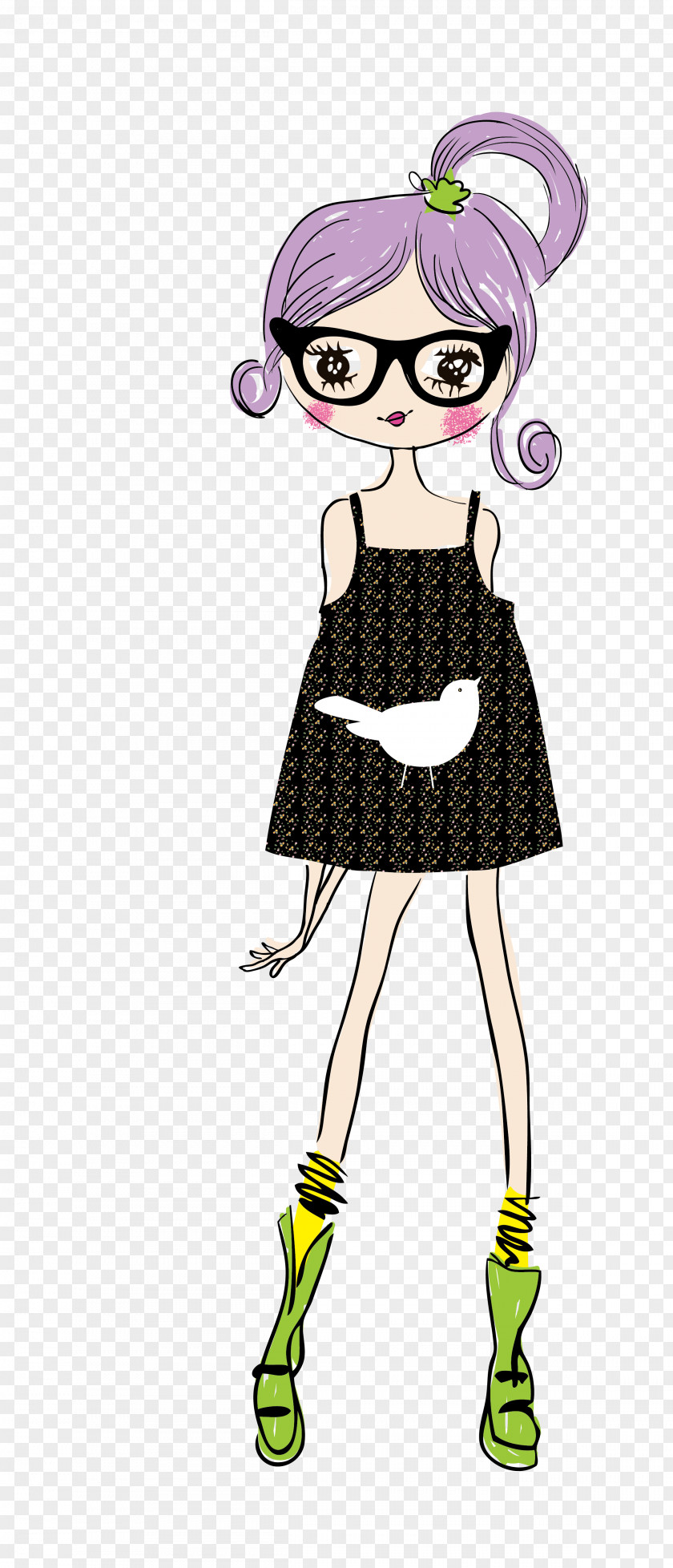 Cartoon Drawing Animation Girl Illustration PNG Illustration, Cute girls, female in black spaghetti strap dress illustration clipart PNG
