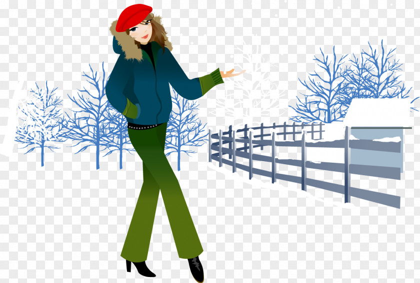 When Snow Walking Woman Vector Material Illustration PNG