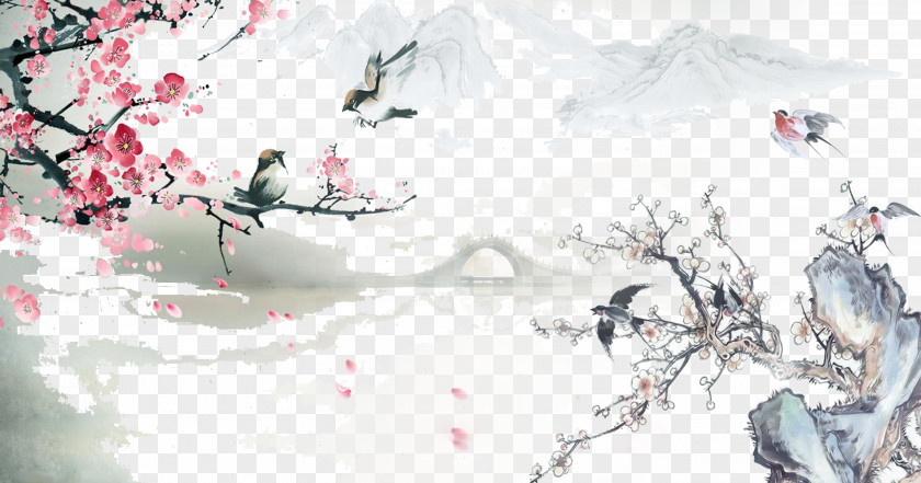 Chinese Ink Painting Chinoiserie Shan Shui Wallpaper PNG