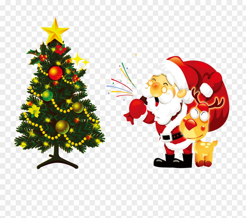 Santa Claus And Christmas Tree Illustration PNG