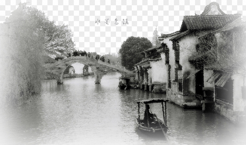 Flat Mirror Lake Wuzhen Jiangnan Tourism Ink Wash Painting PNG