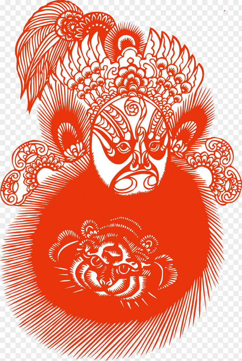Red Face Mask Peking Opera Chinese Paper Cutting Art PNG