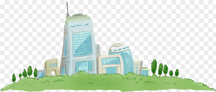 Lovely Hand-painted Tree City Building Green Computer File PNG