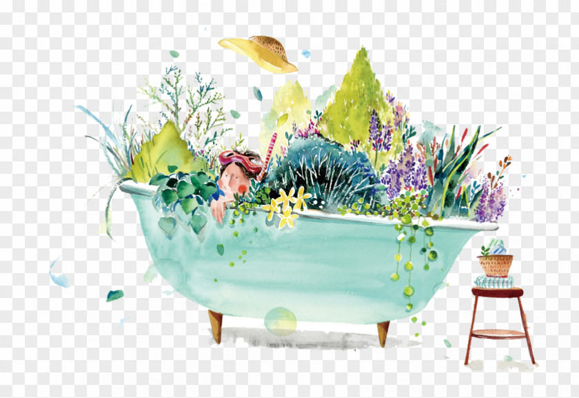 Hand-painted Watercolor Bathtub Forest Painting Floral Design Illustration PNG