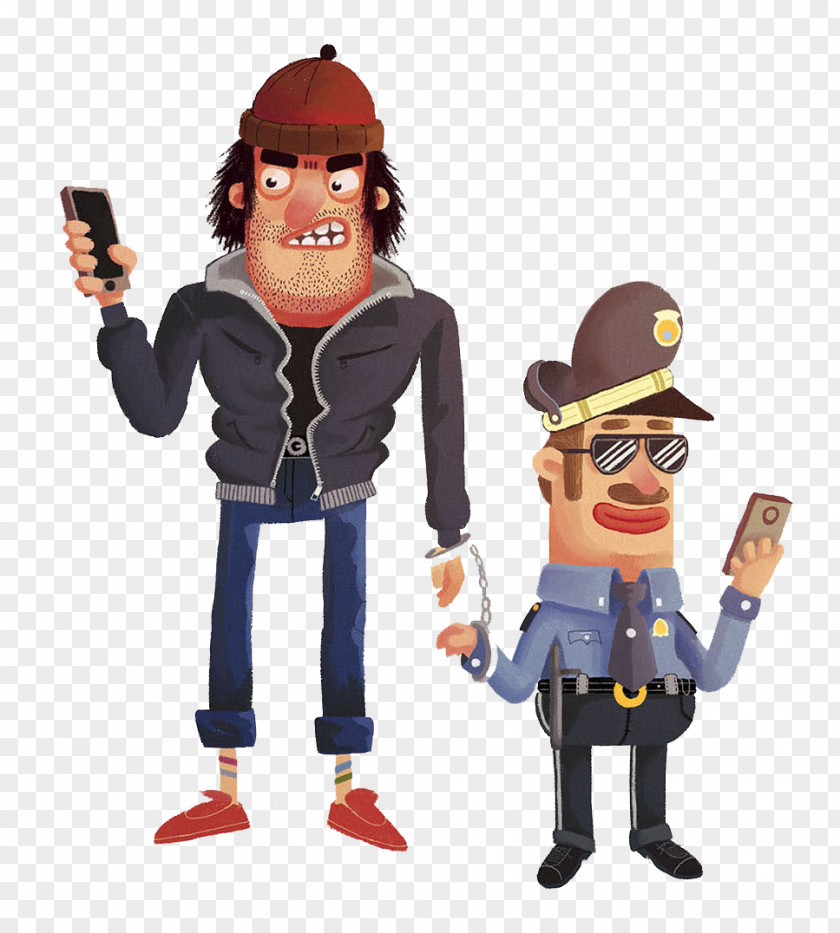 Hand-painted Cartoon Villains Holding A Cell Phone And The Police Investigation Officer Animation PNG