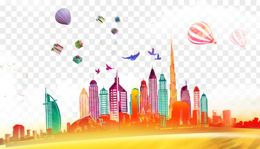 Dubai Abu Dhabi Skyline Illustration PNG Illustration, city ​​building, multicolored buildings, hot air balloons, and white clouds art clipart PNG