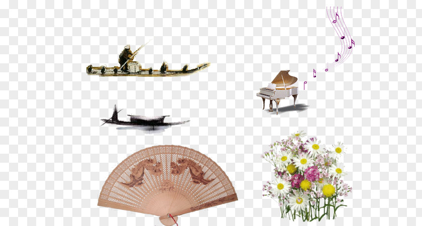 Boats Piano Fan Flowers Designer PNG