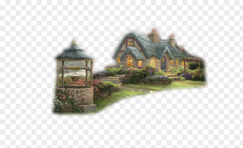 Cottage Landscape Painting Desktop Wallpaper PNG