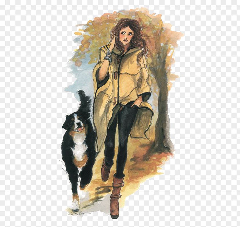 A Woman Walking The Dog SKETCH BK Fashion Illustration Drawing PNG