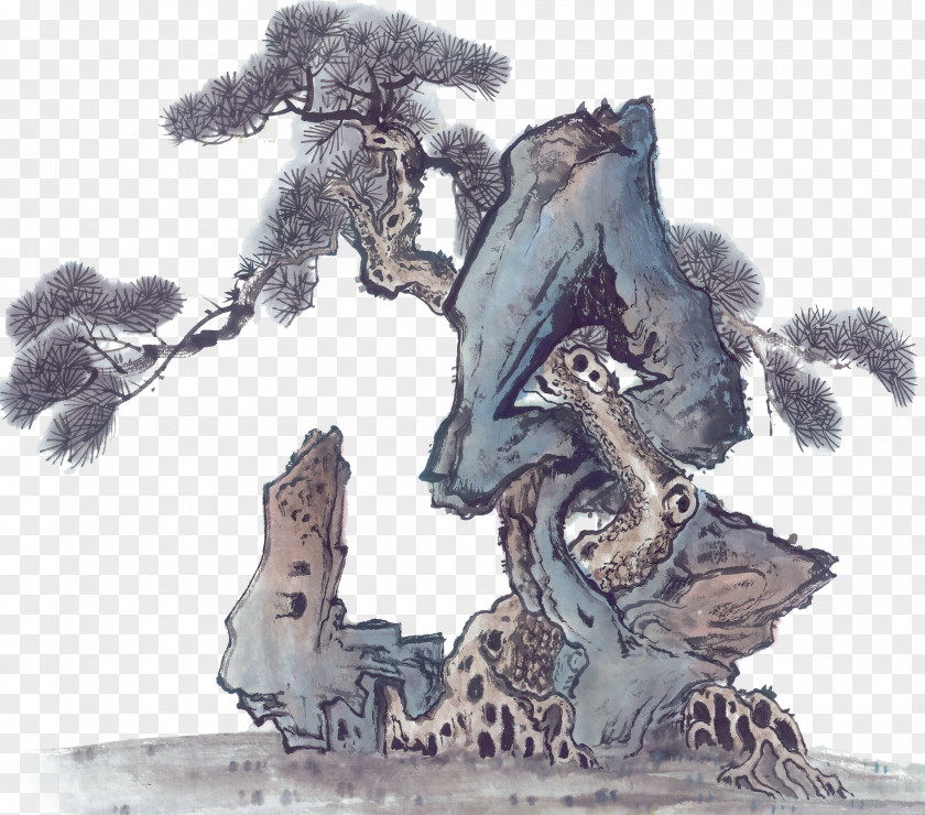 Chinese Antiquity Ink Tree Rock Landscape Painting Illustration PNG