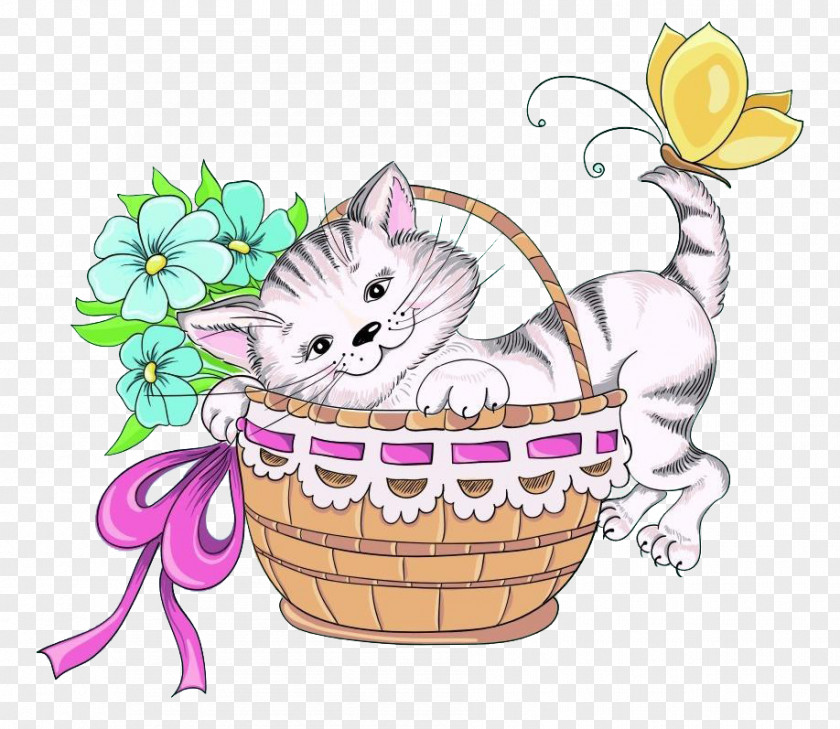 Naughty Little Cat Drawing Flower Basket Illustration PNG