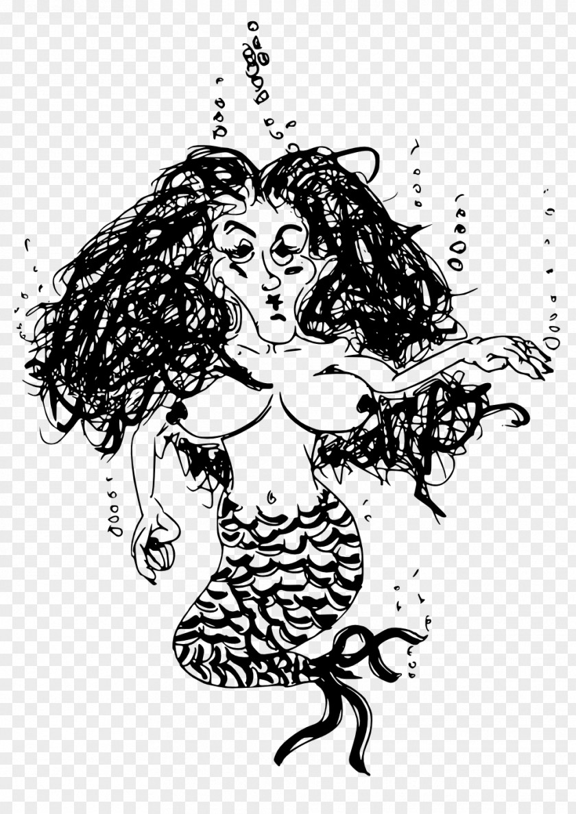 Mermaid Drawing Art Black And White Clip PNG