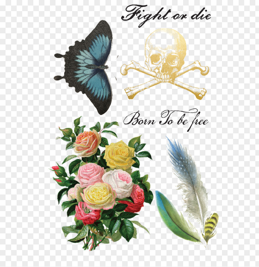Gold Skull Floral Design Butterfly Rose Cut Flowers PNG