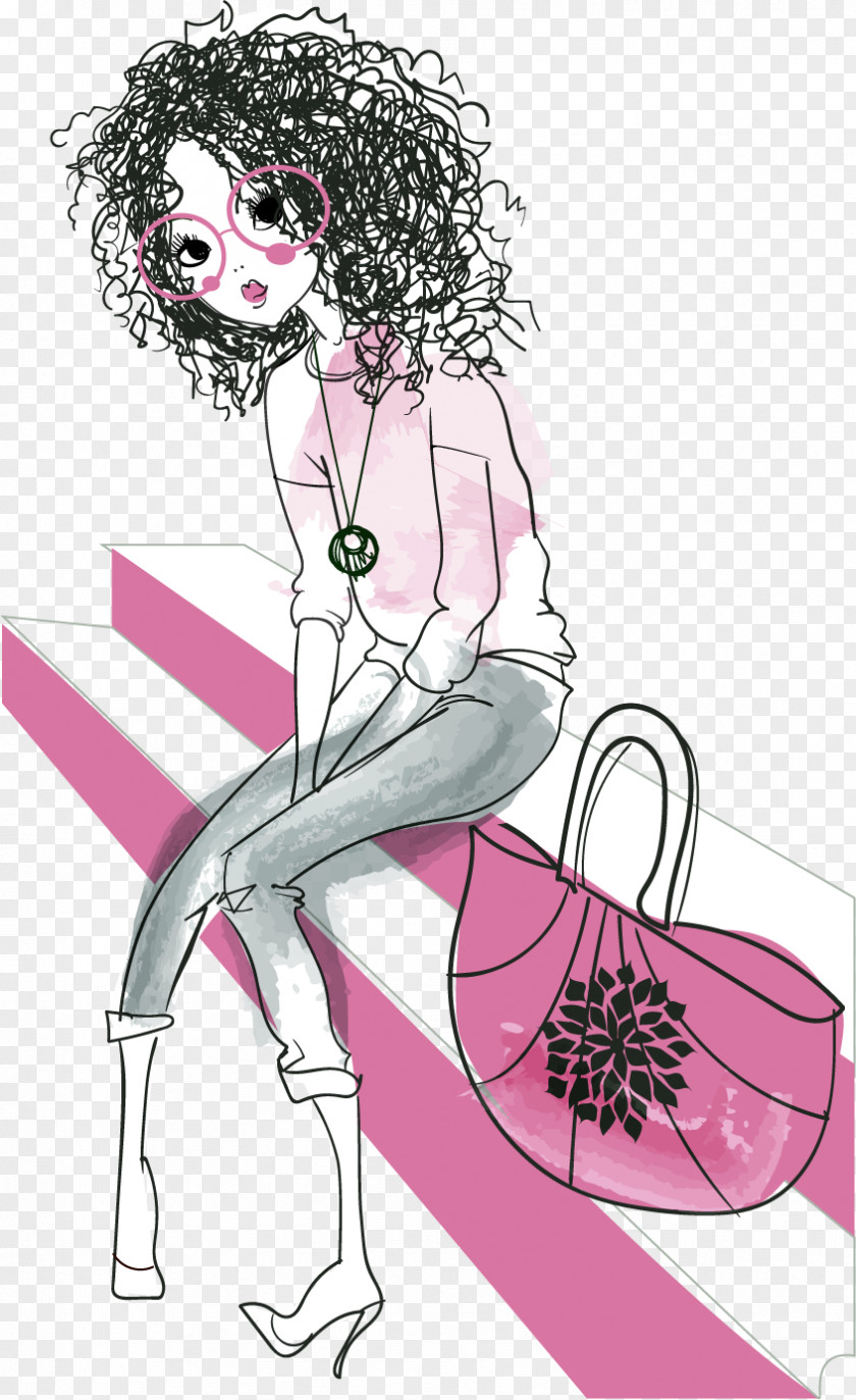 Girl Drawing Hipster Illustration PNG Illustration, Hand-painted Fashion Girl, female sitting on stair beside handbag illustration clipart PNG