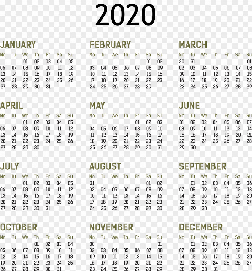 2020 Yearly Calendar Printable Template Full Year PNG