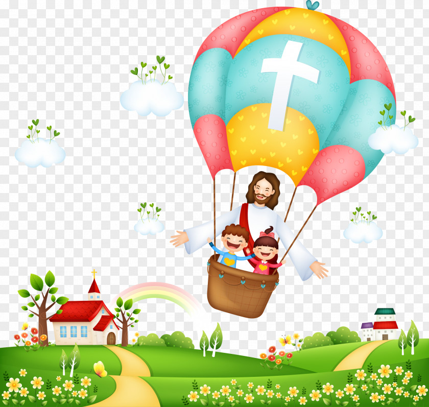 Jesus And The Landscape On A Hot Air Balloon Illustration PNG