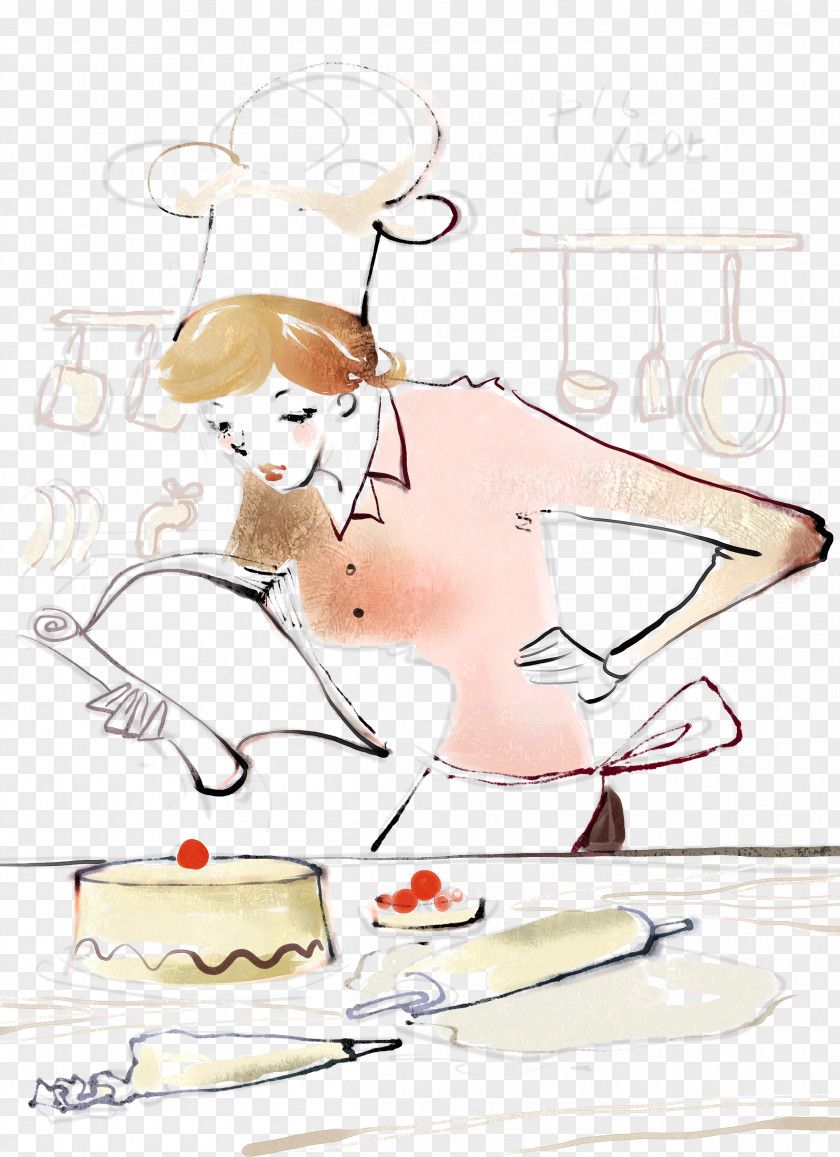Woman Chef Birthday Cake Mooncake Bakery Illustration PNG