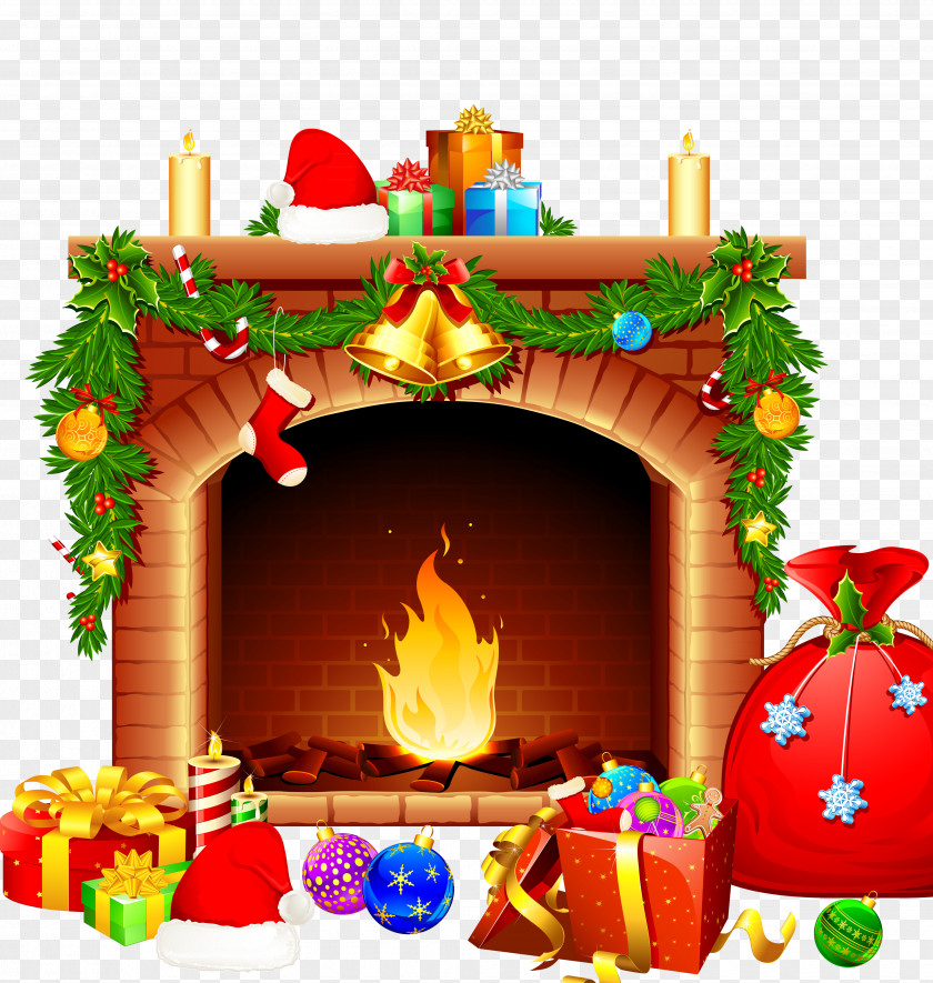 Santa Sleigh Christmas Tree Fireplace Throw Pillows PNG