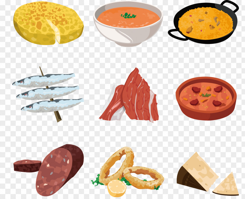 Vector Painted Fish Pizza Ham Squid Rings Tapas Spanish Cuisine Barbecue As Food Mexican PNG