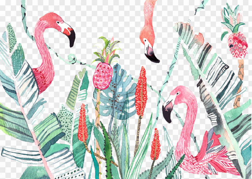 Banana Leaf Pattern Painted Red-crowned Crane Bird Flower Animal Illustration PNG