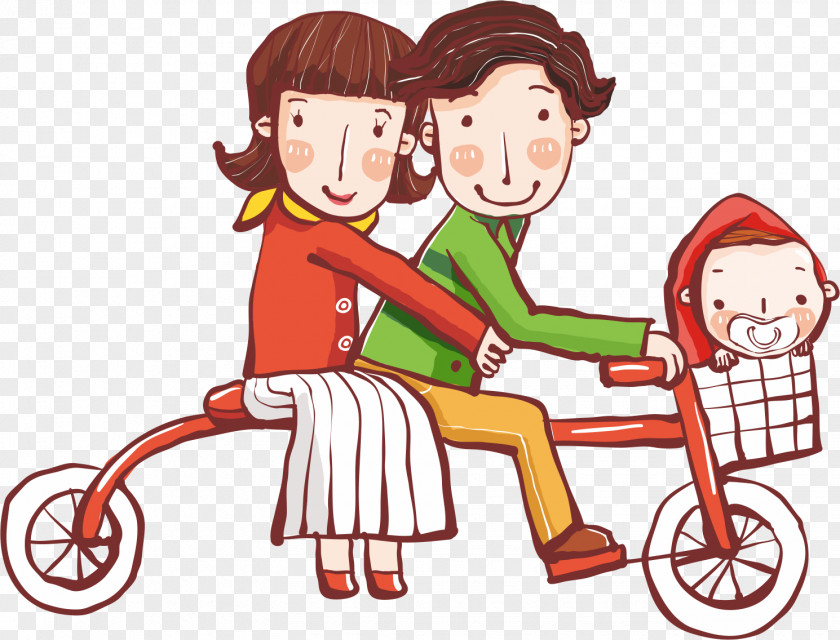 Family Of Three Creative Cartoon Riding A Bike Clip Art PNG