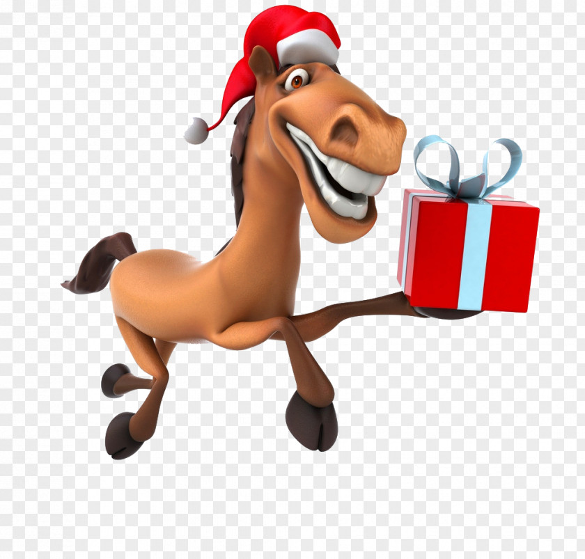 Funny Horse Gift Box New Year Santa Claus Christmas Clip Art PNG
