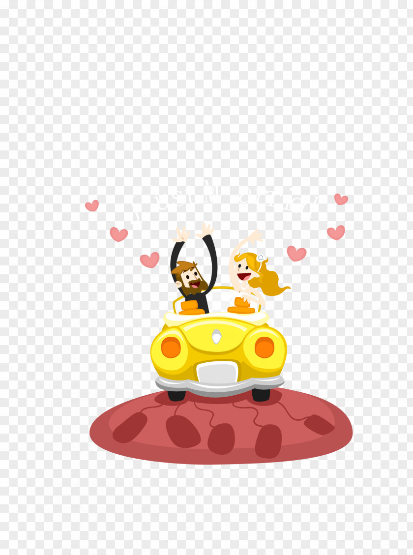 Vector Yellow Wedding Car On The Bride And Groom Download PNG