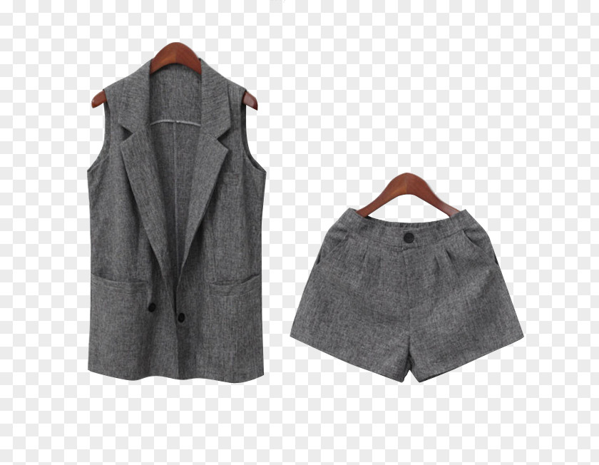Gray Female Suit Shorts Waistcoat Vest Sleeveless Shirt PNG