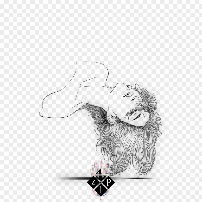 Long Hair Blackandwhite Watercolor Cartoon PNG