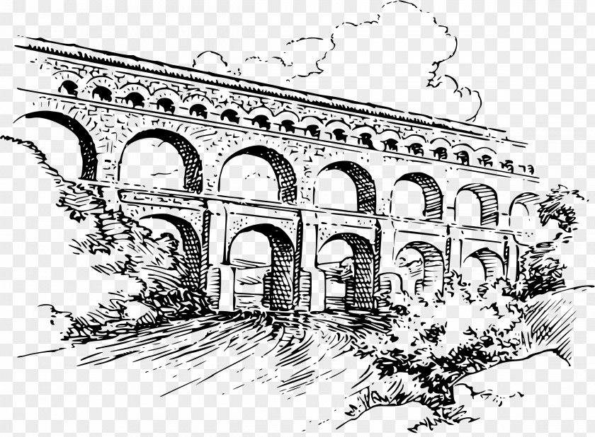 Roman Pont Du Gard Aqueduct Drawing Clip Art PNG