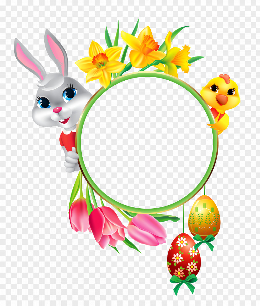 Easter Bunny And Chicken With Round Frame Transparent Clipart Egg Clip Art PNG