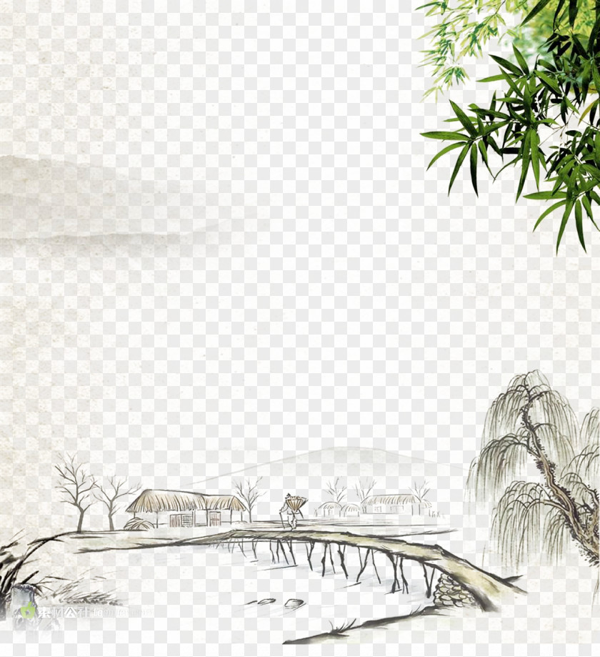 Bamboo Wooden Willow Along The River During Qingming Festival China Dwelling In Fuchun Mountains Chinoiserie Chinese Painting PNG