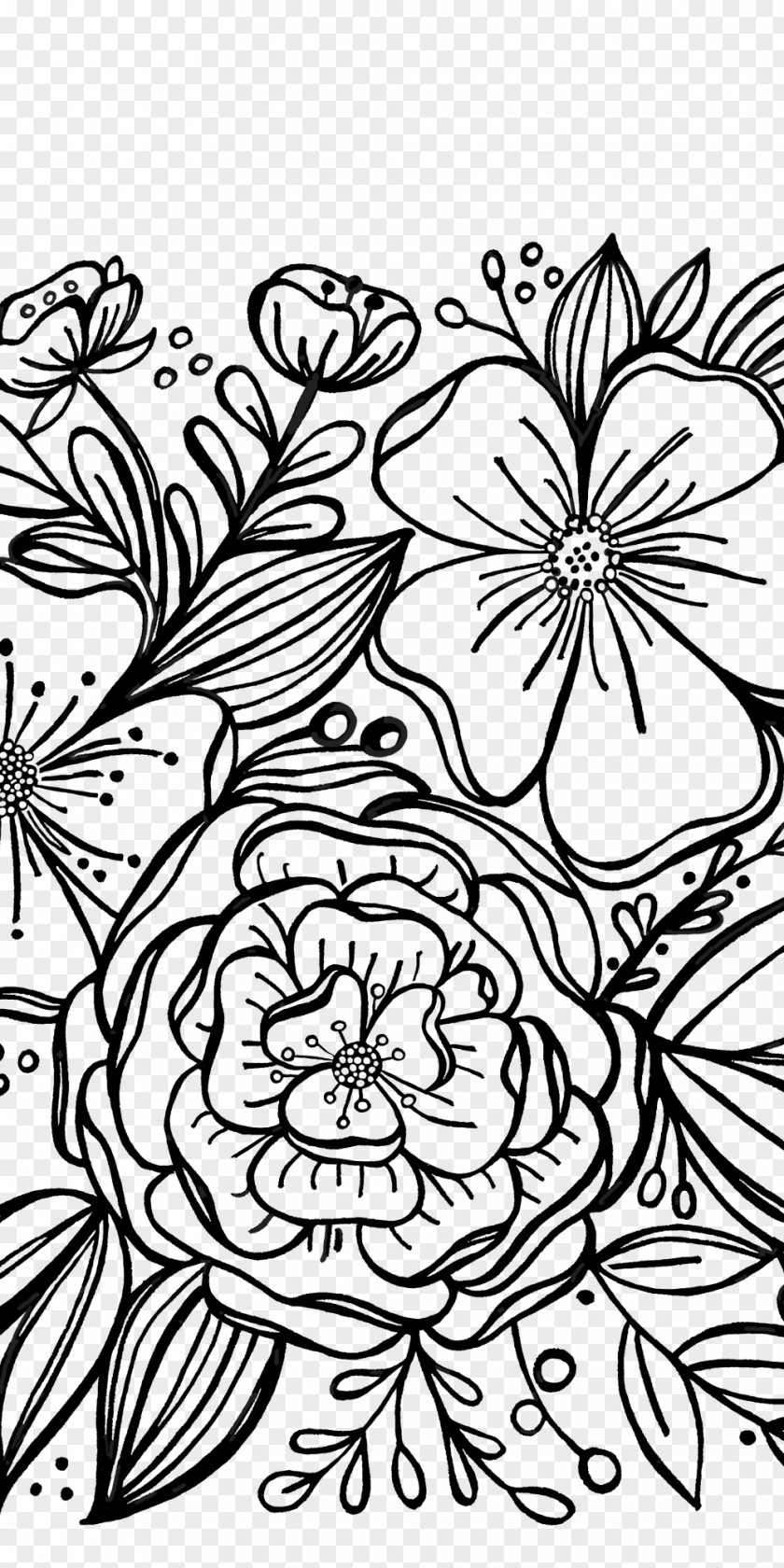 Black And White Drawn Flowers Doodle Floral Design Illustration Drawing Clip Art PNG