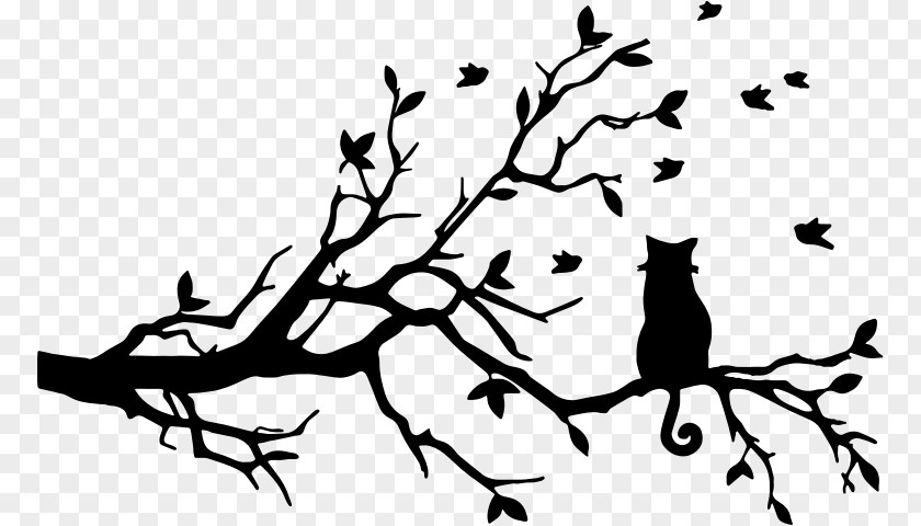 Black And White Flowers Branch Decorative Backgrou Cat Felidae Silhouette Tree Kitten PNG