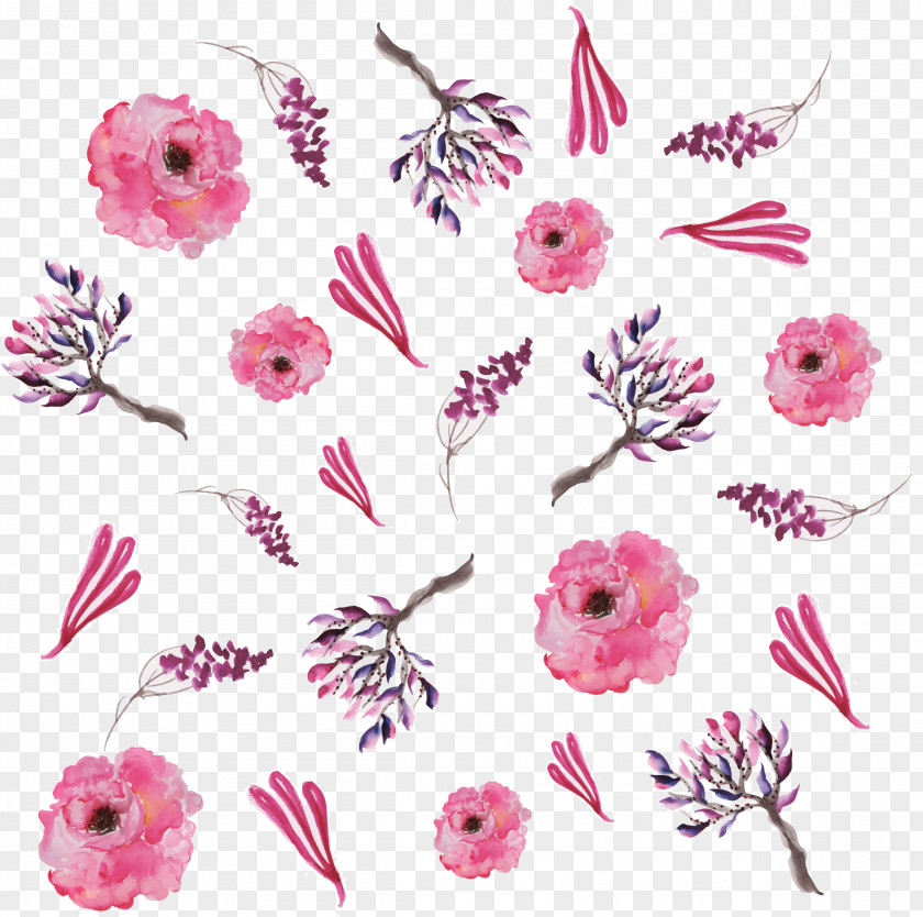 Romantic Pink Flower Pattern Floral Design Watercolor Painting PNG