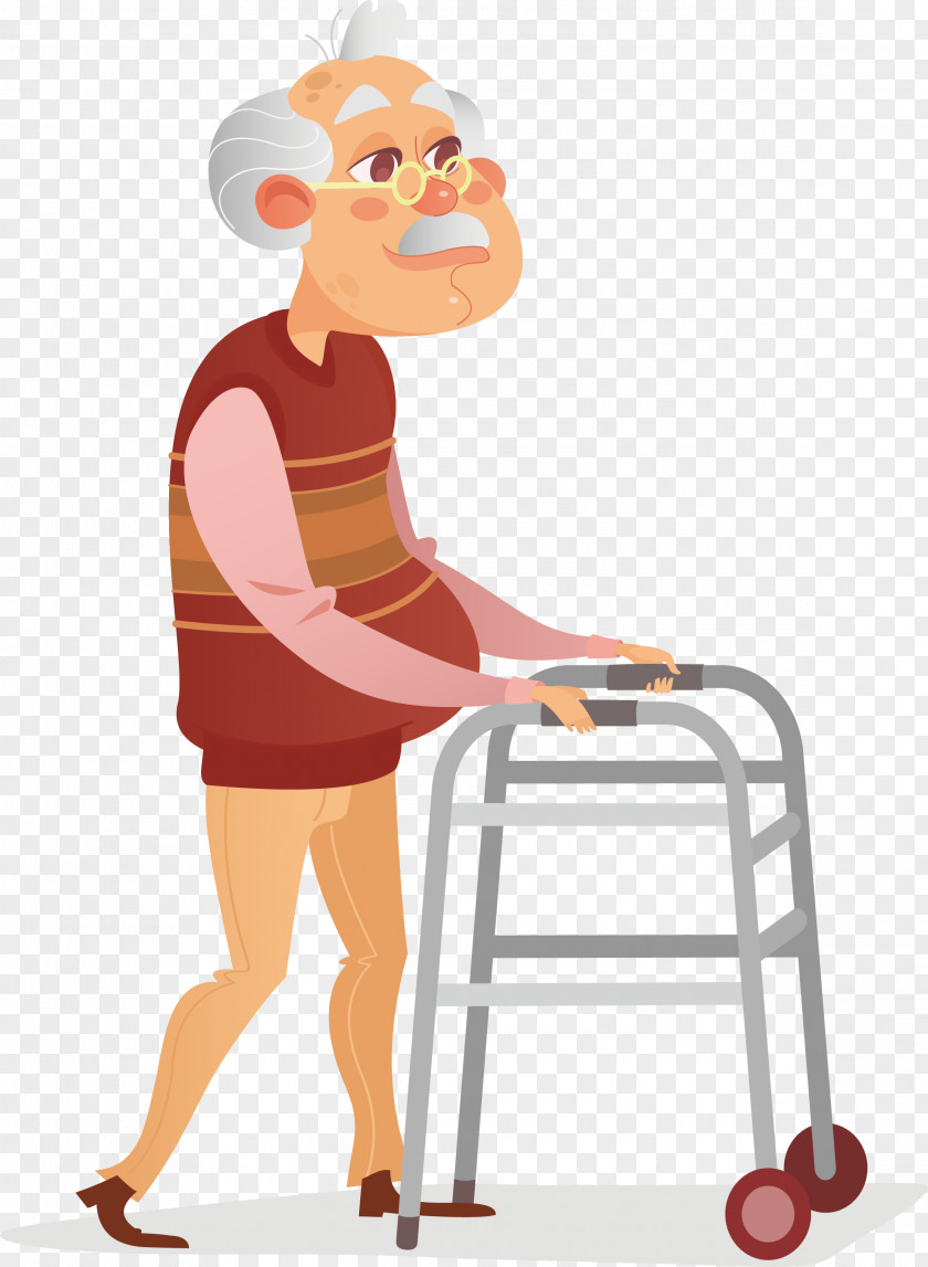 An Old Man Trained For Walking Disability Wheelchair Crutch Illustration PNG