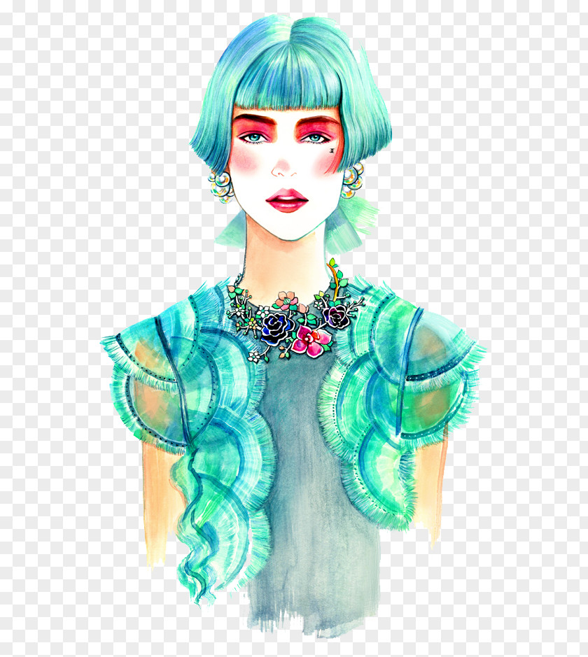 Hand-painted Blue Hair Female Chanel Fashion Drawing Illustrator Illustration PNG