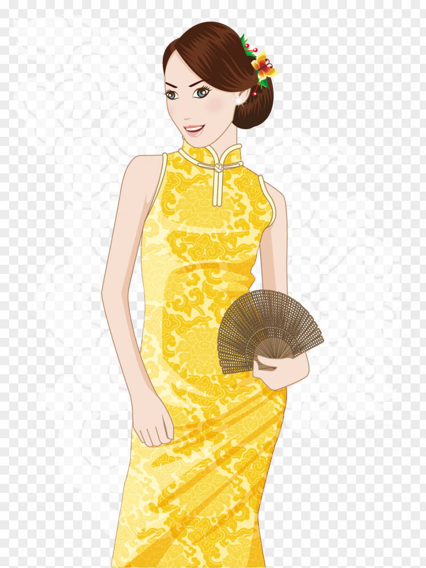 Take Yellow Dress Folding Fan Vector Beauty Cheongsam Drawing Illustration PNG