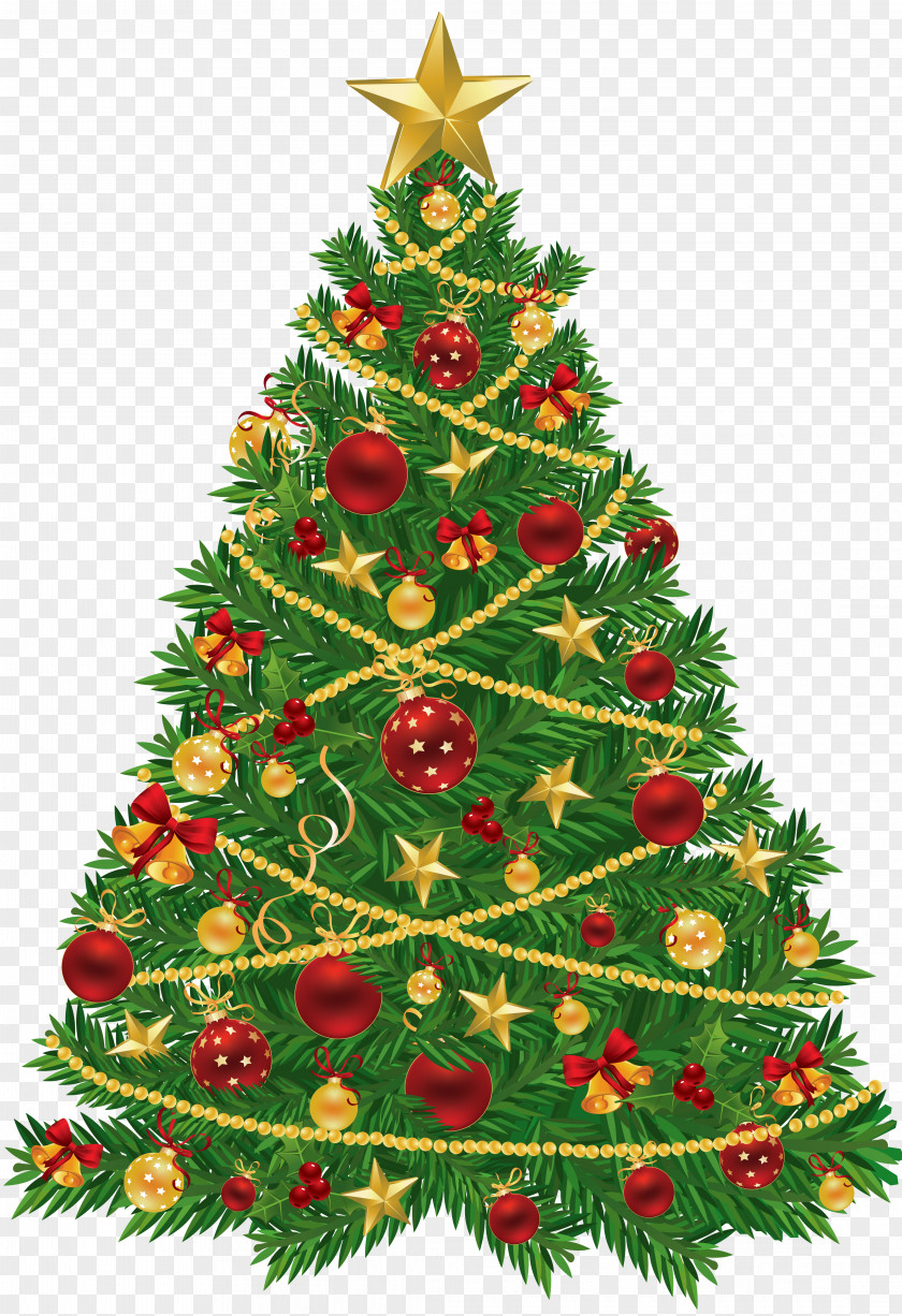 Large Transparent Christmas Tree With Red And Gold Ornaments Clipart Santa Claus Decoration Ornament PNG